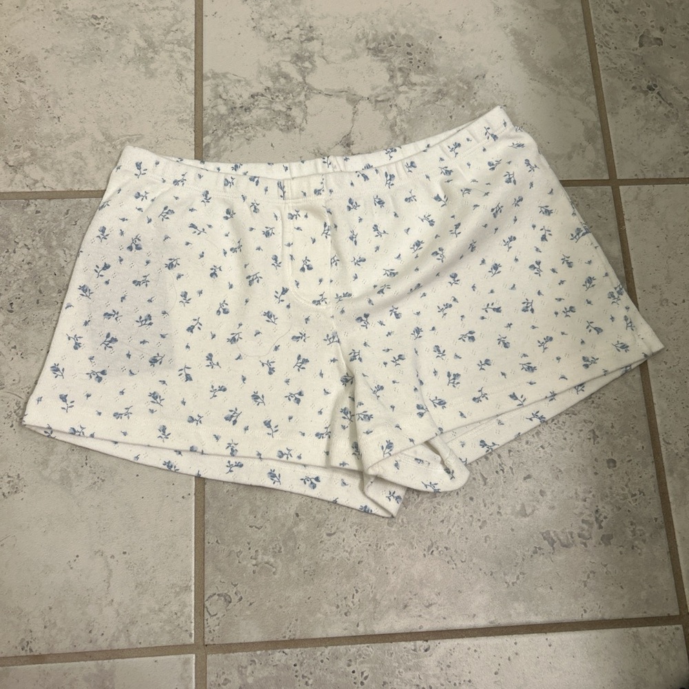 Brandy Melville White and Blue Floral High Waist Shorts